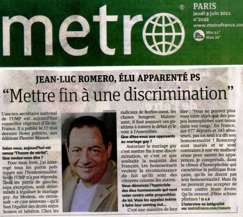 Metro France - 9 juin 2011 Romero Homopoliticus.jpg